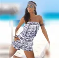 Modischer trägerloser Sommer-Einteiler mit blau-weißem geometrischem Muster für den Strand - S / Oberteil Und Unterteil / Blau