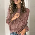 Close-up of pink lace blouse featuring delicate hollow-out floral patterns and bell sleeves. - 3XL / Tops / Rose Red