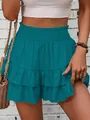 Detailed view of teal ruffled skort with smocked elastic waistband and layered tiers - S / Bottoms / Malachite green