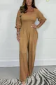 Full length view of a stylish tan smocked wide leg jumpsuit for women in summer - 3XL / Top And Bottom / Earthy Yellow