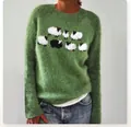 Green crew neck knitted sweater with cute white and black sheep patterns for women - S / Tops / Lamb