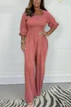 Close-up of smocked bodice and square neck on pink wide-leg jumpsuit - 3XL / Top And Bottom / Pink