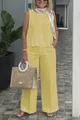 Stylish yellow sleeveless top and wide-leg cotton linen pants two-piece set for women - Yellow