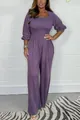 Purple smocked wide leg jumpsuit featuring puff sleeves and square neckline details - 3XL / Top And Bottom / Purple