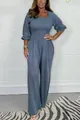 Summer casual solid color smocked waist jumpsuit with puff sleeves and wide leg design - Blue
