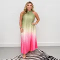 Sleeveless round neck pleated dress featuring a vibrant green to pink ombre gradient design - S / Tops / Pink Gradient