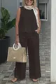 Full body view of a stylish sleeveless cotton linen two-piece wide-leg set in brown - Black