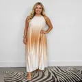 Elegant sleeveless pleated maxi dress with a tan and white ombre gradient design. - S / Tops / Khaki Gradient