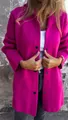 Detail of fuchsia single-breasted hooded jacket with textured fabric and black buttons. - Deep Pink