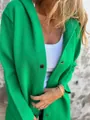 Detail view of a vibrant green hooded jacket with black buttons and fine knit texture. - S / Tops / Green