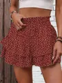 Close-up of red and white polka dot layered ruffle skort with high elastic waist - S / Bottoms / Red Polka Dot Print
