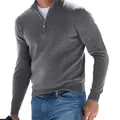 Detail view of men's grey quarter-zip long sleeve sweater with soft knit texture. - Gray