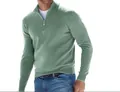 Detailed view of men's quarter-zip sage green casual pullover with soft thermal fabric - Light Green