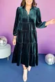 Elegant dark teal velvet tiered midi dress with V-neck and long sleeves for women - S / Top And Bottom / Malachite green