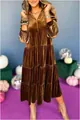 Close-up detail of a brown velvet V-neck tiered maxi dress featuring elegant ruffled layers - S / Top And Bottom / Dark Brown