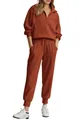 Full body view of women's rust ribbed loungewear set with half-zip top and matching joggers - Brick Red