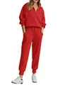 Red waffle knit half-zip sweatshirt and jogger pants loungewear set for women - Red