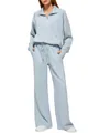Detailed view of women's light blue two-piece lounge set with half-zip and wide-leg pants - S / Top And Bottom / Light Blue