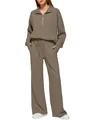 Front view of brown two-piece lounge set featuring half-zip top and wide-leg sweatpants - XS / Top And Bottom / Dark Khaki