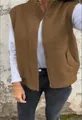 Detailed view of women's brown knit sweater vest with zipper and ribbed collar - Brown