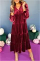 Elegant burgundy velvet V-neck tiered maxi dress with long sleeves for autumn women. - S / Top And Bottom / Red
