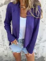 Detail view of a women's casual purple faux suede open-front cardigan jacket with soft texture - S / Tops / Deep purple