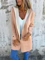 Detail view of a women's peach and cream contrast hooded knit cardigan in casual style - Khaki
