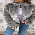 Stylish casual grey faux fur zip-up jacket for women perfect for autumn and winter - Gray