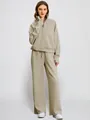 Two-piece women's casual set with a half-zip sweatshirt and wide-leg loungewear pants - XS / Top And Bottom / Light Khaki