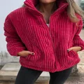 Women's pink corduroy jacket with stand collar and zipper, short autumn winter coat. - S / Tops / Red