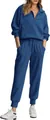 Women's two-piece blue waffle knit lounge set with half-zip top and joggers - 3XL / Top And Bottom / Navy Blue