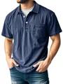 Close-up of washed navy blue polo shirt with front pocket and white buttons detail. - Navy Blue