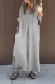 Washed cotton casual V-neck maxi dress for women in a loose grey aesthetic style - Gray