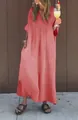Detail view of a loose washed cotton V-neck maxi dress in coral orange - S / Tops / Red