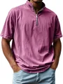 Detail view of vintage men's short sleeve shirt in purple denim-like fabric with quarter-zip. - Pink