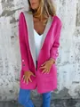 Close-up of pink contrast hooded cardigan featuring grey lining and gold buttons - Rose Red
