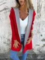 Casual red and grey color-block hooded cardigan for women, perfect for 2025 spring style. - Red