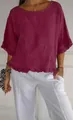 Detalle de una blusa de algodón y lino burdeos con cuello redondo y bordes con volantes. - S / Tops / Burdeos
