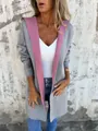 Casual women's gray and pink color-block hooded cardigan sweater for spring style. - Gray