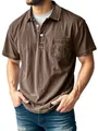 Casual men's brown short sleeve polo shirt with chest pocket and washed vintage texture - S / Tops / Brown