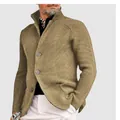 Casual khaki men's knitted cardigan featuring a stylish stand collar and button front - Light Khaki