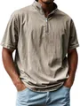 Detail of washed denim-like fabric on men's vintage quarter-zip short sleeve polo shirt. - Khaki