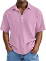 Detail of pink double gauze men's casual shirt showing textured fabric and collar. - Pink