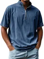 Close-up of men's blue washed denim-like t-shirt with stand-up collar and silver zipper - S / Tops / Navy Blue