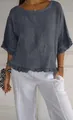 Blusa de mujer de algodón y lino de manga corta con volantes y corte holgado - S / Tops / Gris oscuro
