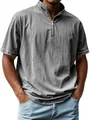Macro detail of grey acid-wash men's polo shirt with stand collar and silver zipper - S / Tops / Gray