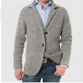Men's casual grey long-sleeve knit blazer jacket with a classic button-down design - Light Gray