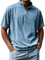 Detailed view of vintage washed denim-style short sleeve shirt with quarter-zip mock neck. - S / Tops / Blue