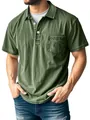 Detailed view of a casual olive green men's polo shirt with chest pocket and button collar - S / Tops / Army Green