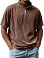 Close-up detail of men's vintage brown half-zip shirt with imitation denim texture - Brown